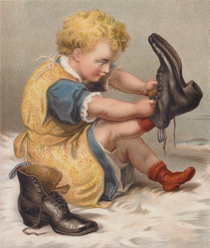 Dziewczynka przymierzająca buty matki (chromolit) autorstwa English School