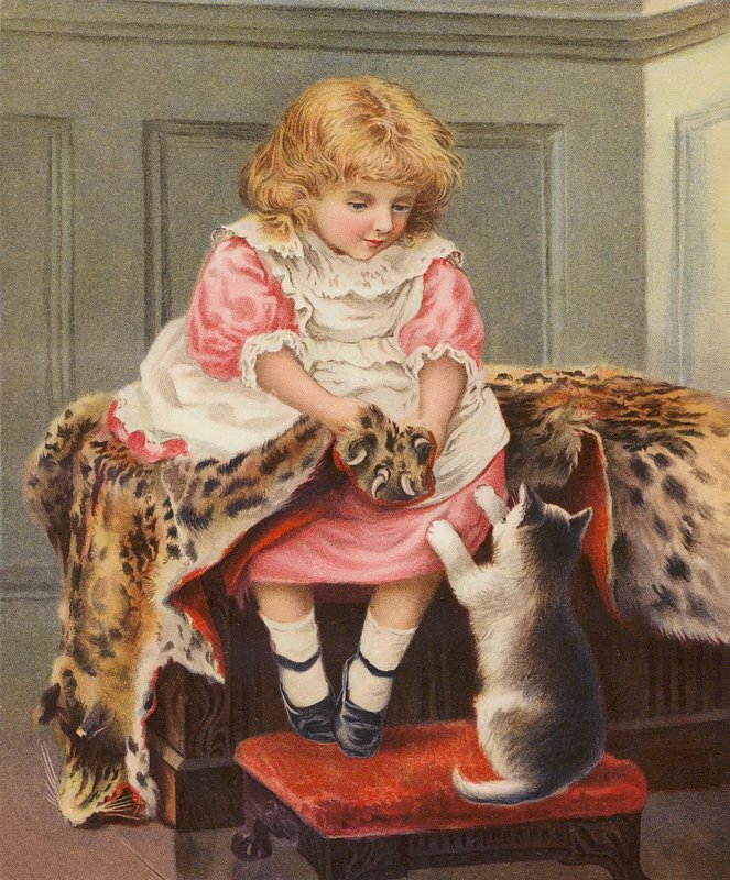 Dziewczyna z lamparcią skórą i kotem domowym (chromolitho) autorstwa English School