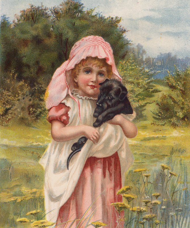Dziewczynka ze szczeniakiem (chromolitho) autorstwa English School