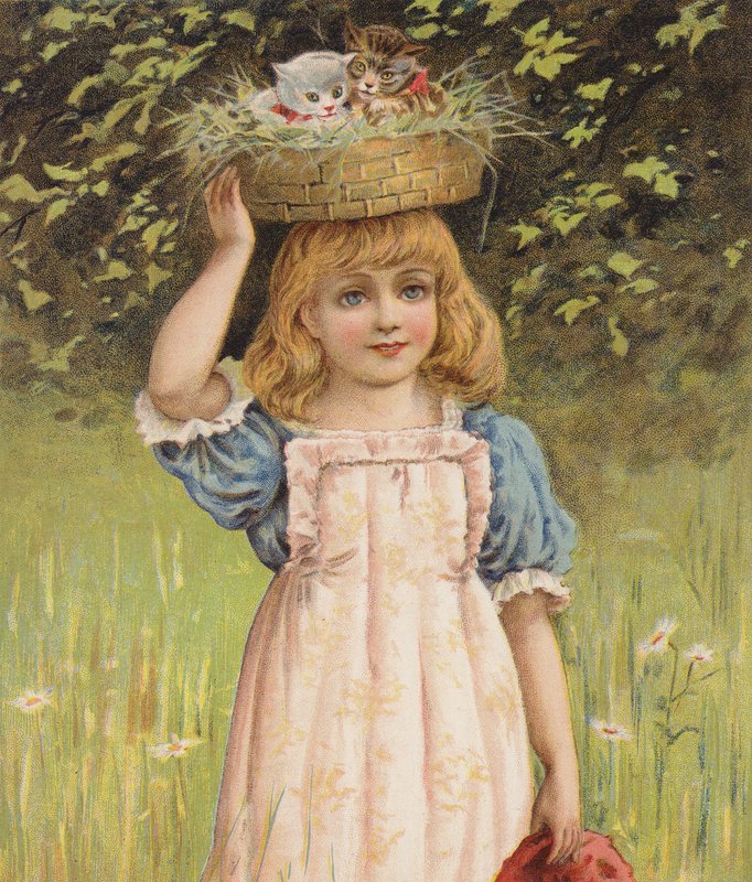 Dziewczynka z zabawnymi kociętami w koszyku (chromolitho) autorstwa English School