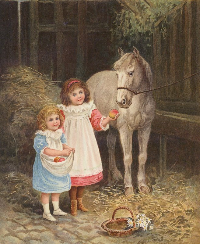 Dziewczynki karmiące konia jabłkami (chromolitho) autorstwa English School