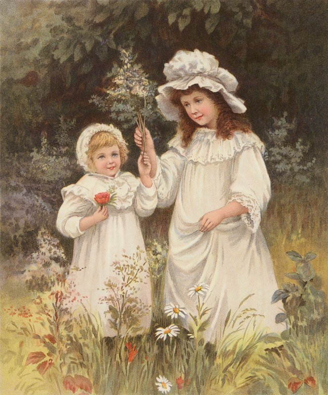 Dziewczynki zrywające kwiaty na łące (chromolitho) autorstwa English School