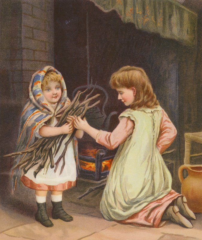 Dziewczyny wkładające drewno do ognia (chromolitho) autorstwa English School