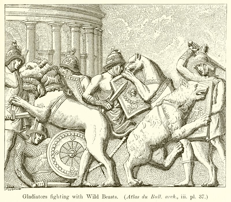 Gladiatorzy walczący z dzikimi bestiami. (Atlas du Bull. arch., iii. pl. 37) autorstwa English School