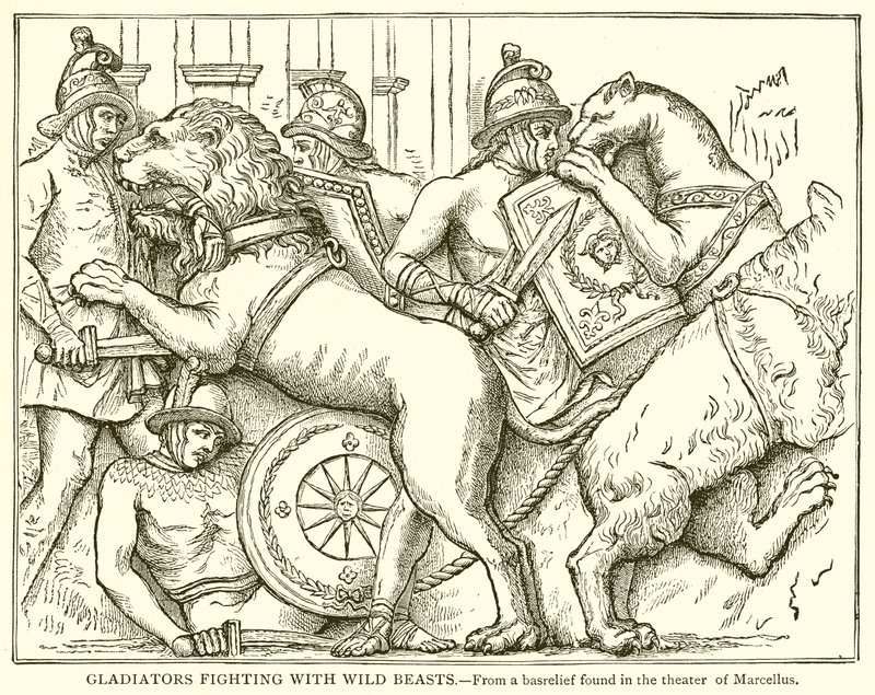 Gladiatorzy walczący z dzikimi bestiami autorstwa English School