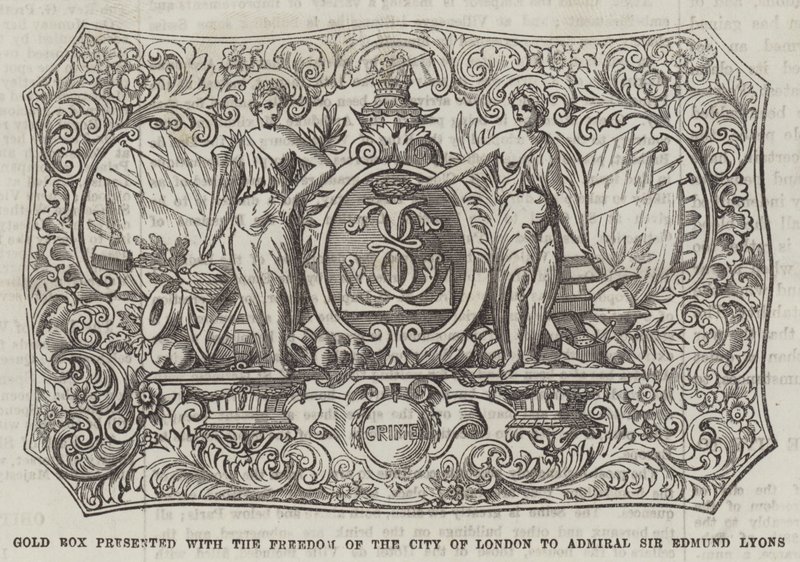 Złota skrzynia wręczona admirałowi Sir Edmundowi Lyonsowi wraz z Freedom of the City of London (rycina) autorstwa English School