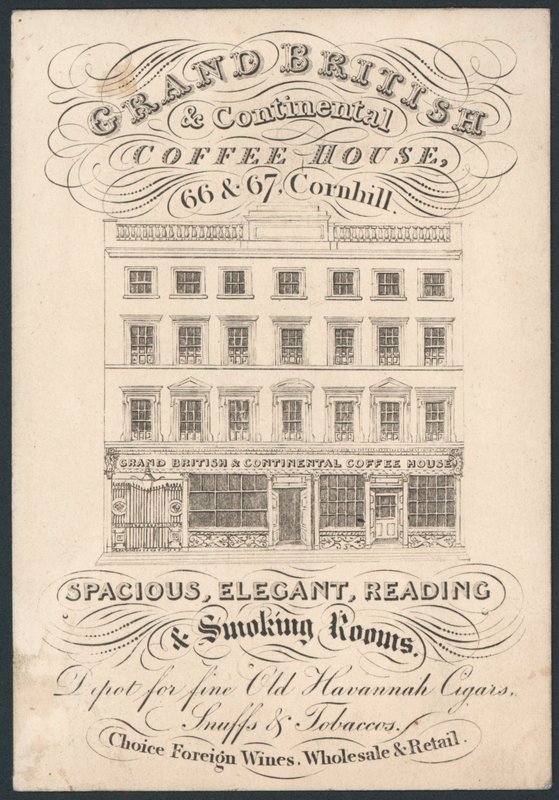 Grand British and Continental Coffee House, 66 i 67 Cornhill, karta handlowa autorstwa English School