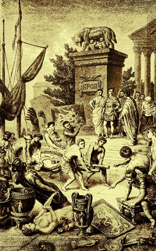 Kultura grecka - posągi i dzieła sztuki wywiezione do Rzymu, ilustracja z Ilustrowanej Historii Świata, wydanej ok. 1880 r. (obraz ulepszony cyfrowo) autorstwa English School