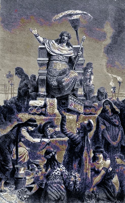Grecka degeneracja - Krezus na stosie pogrzebowym, ilustracja z Ilustrowanej Historii Świata, wydanej ok. 1880 r. (obraz ulepszony cyfrowo) autorstwa English School