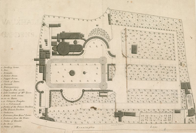 Plan parteru Vauxhall Gardens, Londyn autorstwa English School