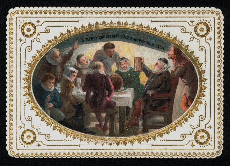 Grupa kobiet i mężczyzn z XVI wieku wznosząca toast świąteczny, kartka z życzeniami bożonarodzeniowymi (chromolitho) autorstwa English School