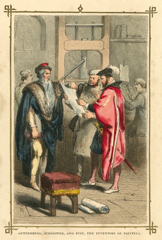 Gutenberg, Schoeffer i Fust, wynalazcy druku (litografia kolorowa) autorstwa English School