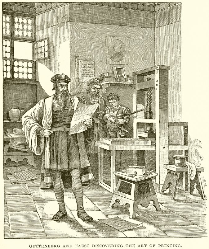 Guttenberg i Faust odkrywają sztukę druku autorstwa English School