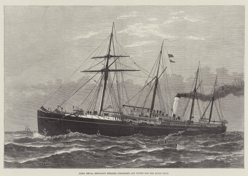 HMS Hecla, kupiecki parowiec zakupiony i zamontowany dla Royal Navy (grawerowanie) autorstwa English School