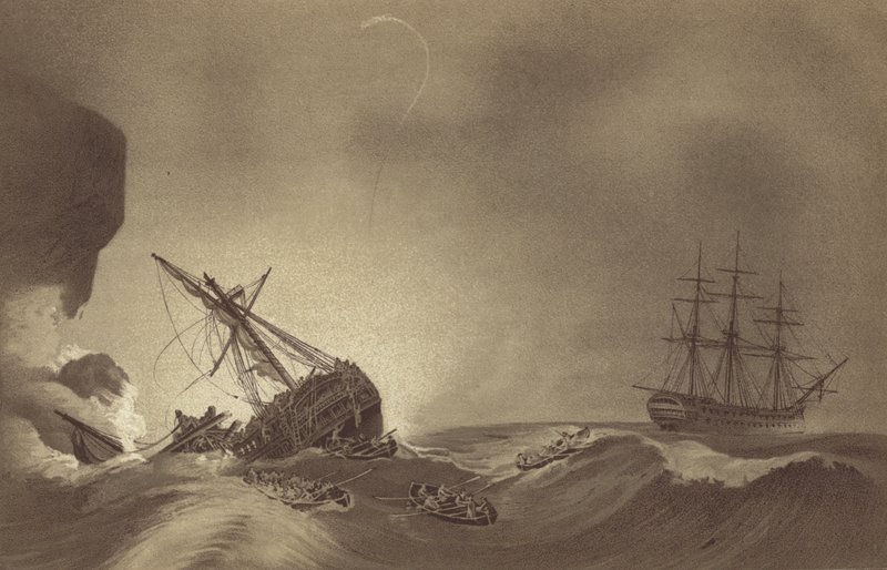 HMS Impetueux, dowodzony przez kapitana Thomasa Byama Martina, ratujący załogę HMS Venerable pod dowództwem kapitana J. Huntera, rozbity w Torbay, Devon, 24 listopada 1804 r. (litos) autorstwa English School