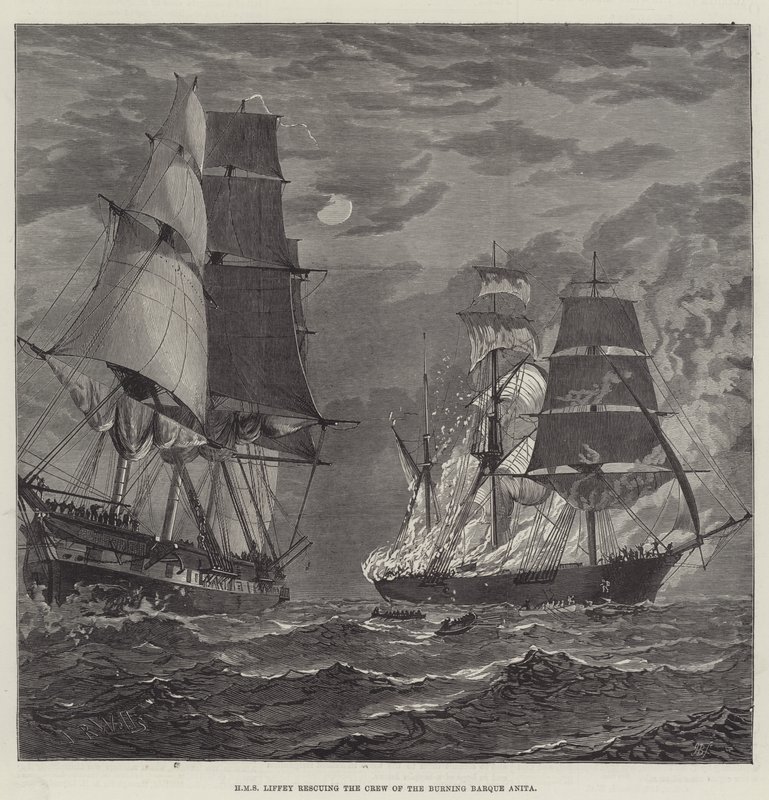 HMS Liffey ratujący załogę Płonącej Barki Anita (rycina) autorstwa English School