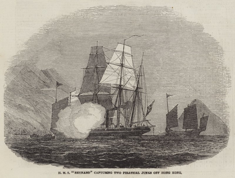 HMS „Reynard” rejestrujący dwie pirackie śmieci u wybrzeży Hongkongu (grawerowanie) autorstwa English School