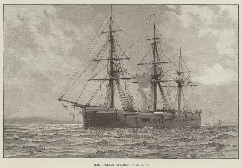 HMS Sultan, osierocony w pobliżu Malty (grawerowanie) autorstwa English School