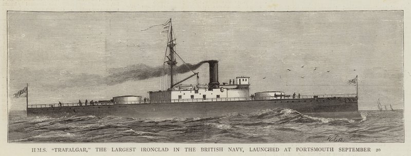 HMS „Trafalgar”, największy pancernik w brytyjskiej marynarce wojennej, zwodowany w Portsmouth 20 września (grawerowanie) autorstwa English School