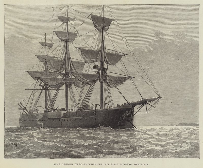 HMS Triumph, na pokładzie którego miała miejsce śmiertelna eksplozja (rycina) autorstwa English School