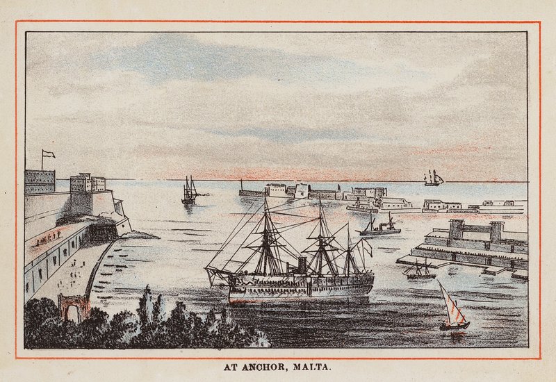 HM Indian Troop-Ship: Na kotwicy, Malta (kolorowy grawerunek) autorstwa English School