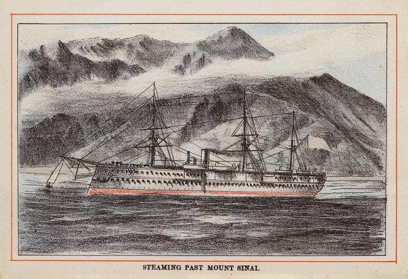 HM Indian Troop-Ship: Płynący obok góry Synaj (kolorowy grawerunek) autorstwa English School