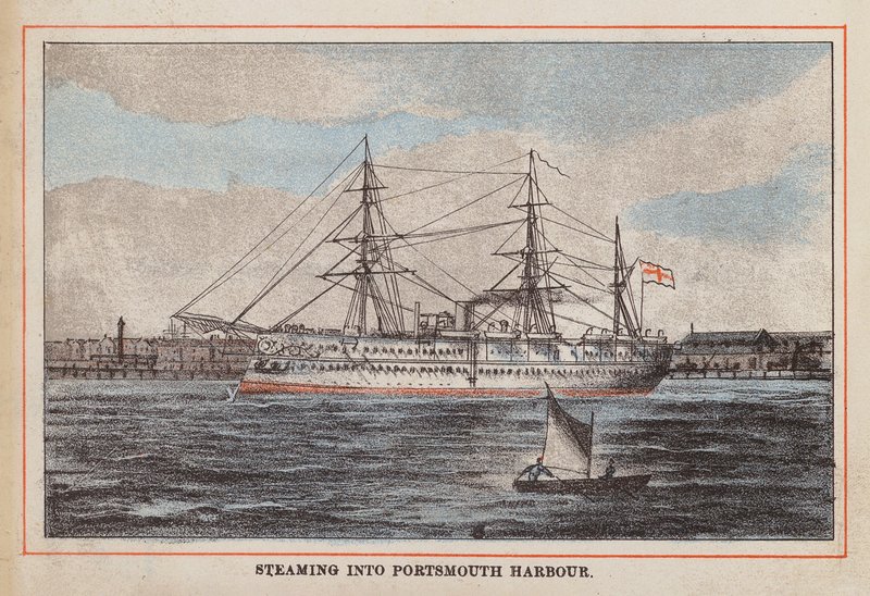 HM Indian Troop-Ship: Wpływający do portu Portsmouth (kolorowy grawerunek) autorstwa English School