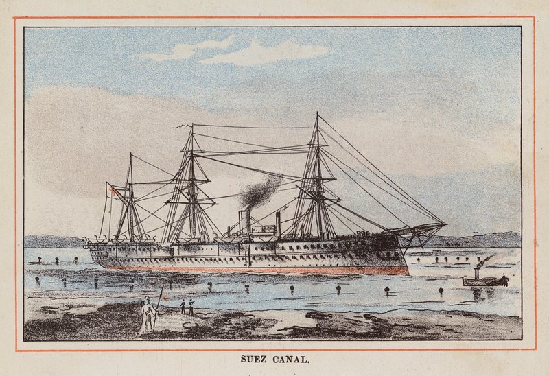 HM Indian Troop-Ship: Kanał Sueski (kolorowy grawerunek) autorstwa English School