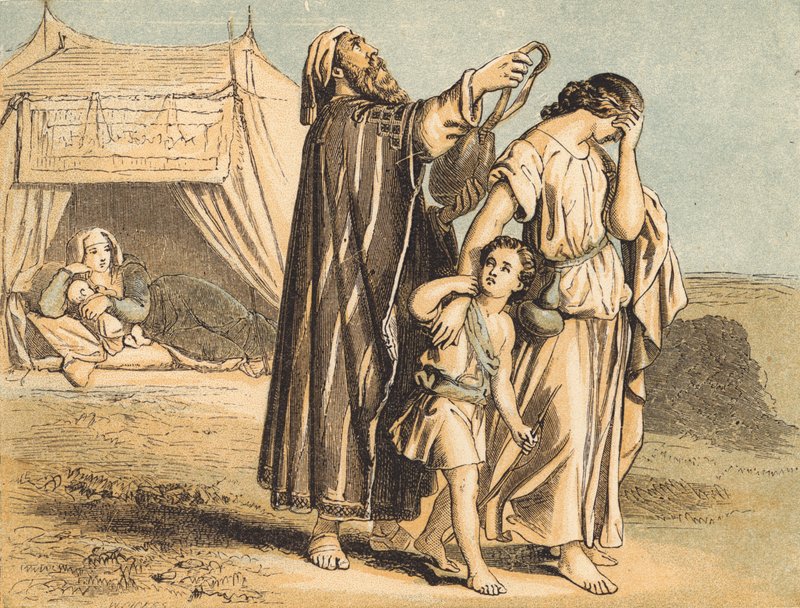 Hagar i Ismael odesłani (kolorowy grawerunek) autorstwa English School
