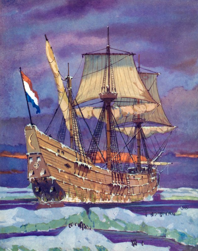 Halve Maen lub Half Moon, Henry Hudson (kolor lito) autorstwa English School