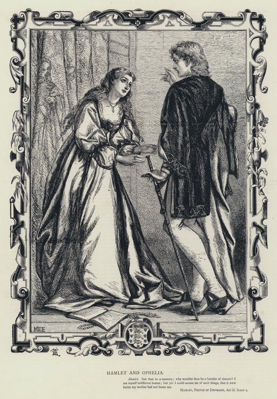 Hamlet i Ofelia, Hamlet, książę Danii, akt III, scena 1 (rycina) autorstwa English School