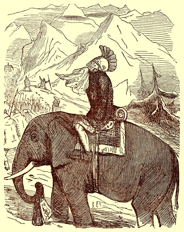 Hannibal Crossing the Alps, ilustracja z The Comic History of Rome autorstwa Gilberta Abbotta a Becketta, opublikowana ok. 1850 (obraz ulepszony cyfrowo) autorstwa English School