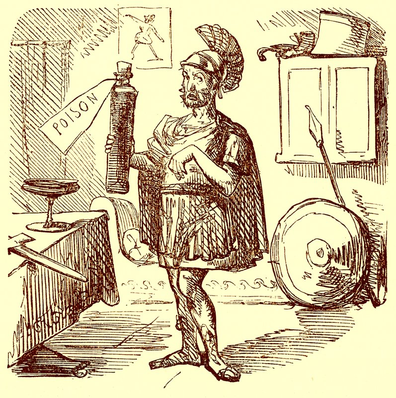 Hannibal wygłasza zwykłą schludną i odpowiednią mowę przed zabiciem samego siebie, ilustracja z The Comic History of Rome autorstwa Gilberta Abbotta a Becketta, opublikowanej ok. 1850 r. (obraz ulepszony cyfrowo) autorstwa English School