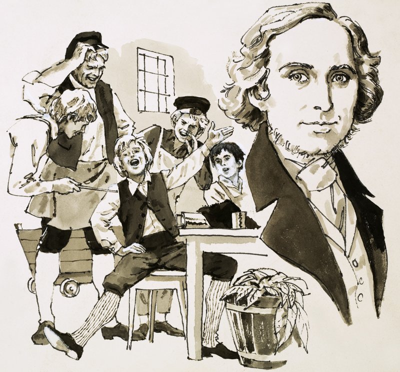Hans Christian Andersen zabawia innych uczniów śpiewem autorstwa English School