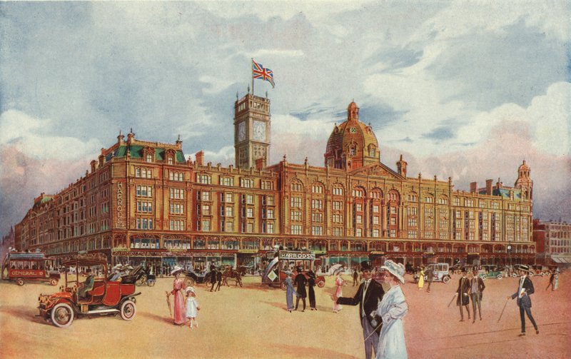Harrods, przedstawiający wieżę koronacyjną dodawaną w celu upamiętnienia koronacji króla Jerzego V autorstwa English School