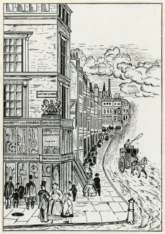 Hatton Garden i Holborn, 1866 autorstwa English School