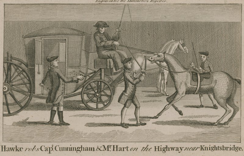 Hawke okrada kapitana Cunninghama i pana Harta na autostradzie w pobliżu Knightsbridge autorstwa English School