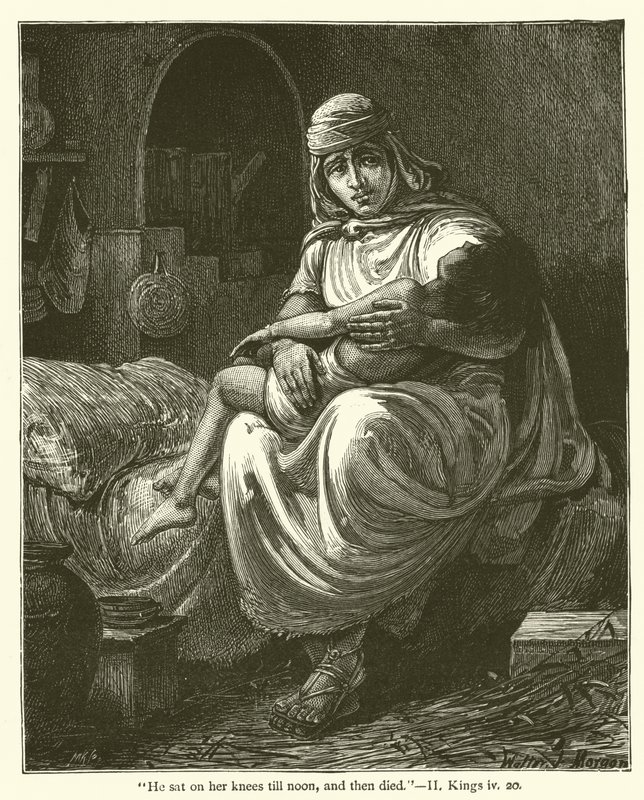 „Siedział na kolanach do południa, a potem umarł”, II, Kings, IV, 20 (rycina) autorstwa English School