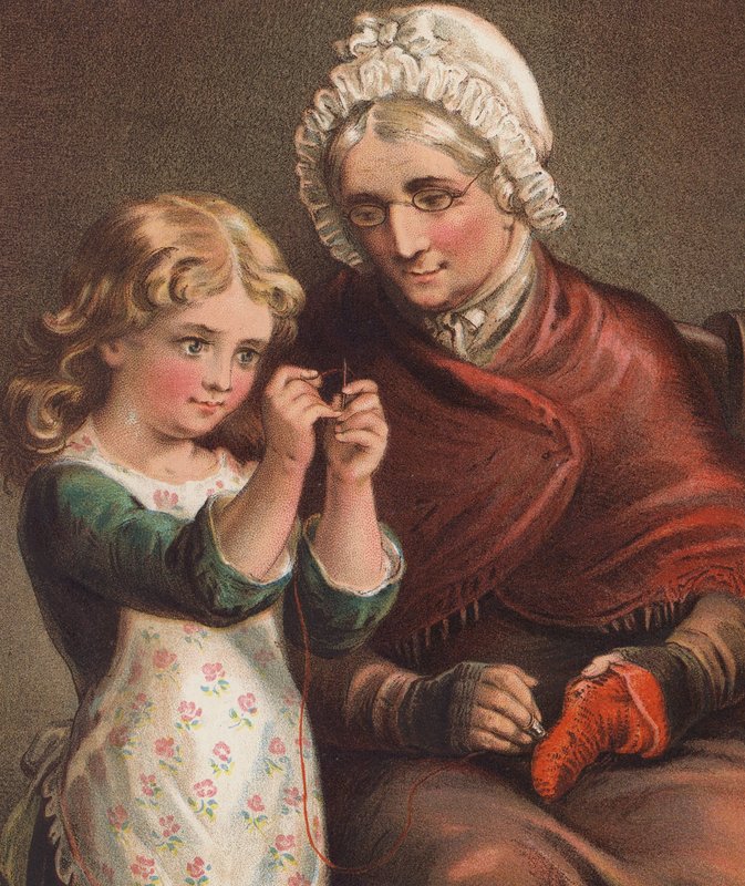 Pomaganie babci (kolorowa litografia) autorstwa English School