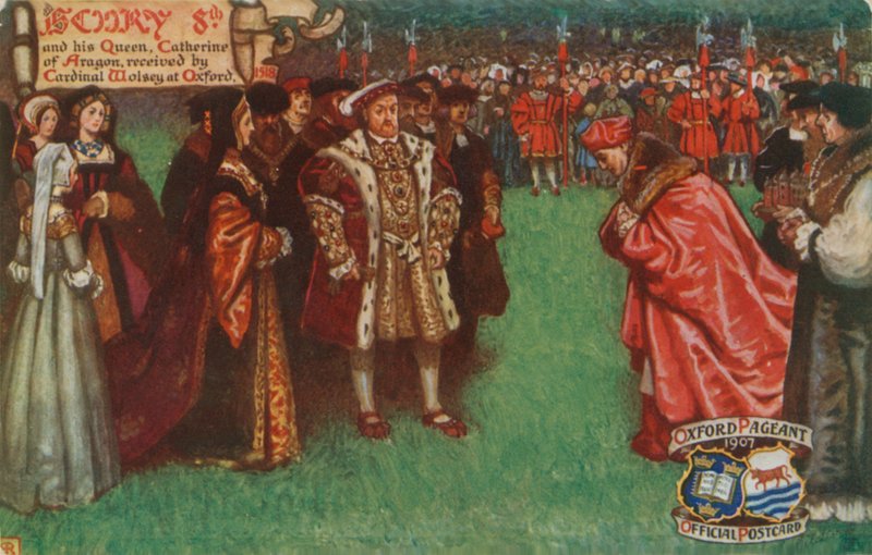 Henryk VIII i jego królowa Katarzyna Aragońska, przyjęci przez kardynała Wolseya w Oksfordzie, 1518 autorstwa English School