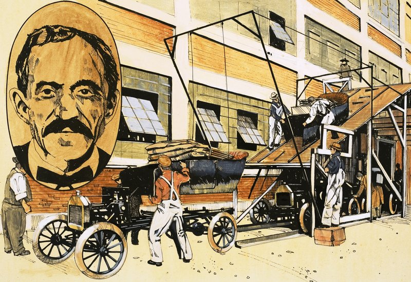 Henry Ford i jego pierwsza linia produkcyjna z 1908 r. autorstwa English School