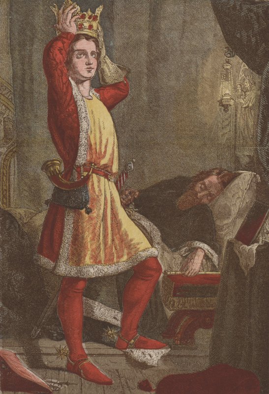 Henryk, książę Walii, przyszły król Henryk V, przymierzający koronę ojca (chromolitho) autorstwa English School