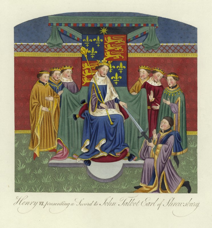 Henryk VI, król Anglii, przedstawiający miecz Johnowi Talbotowi, hrabiemu Shrewsbury, XV wiek autorstwa English School