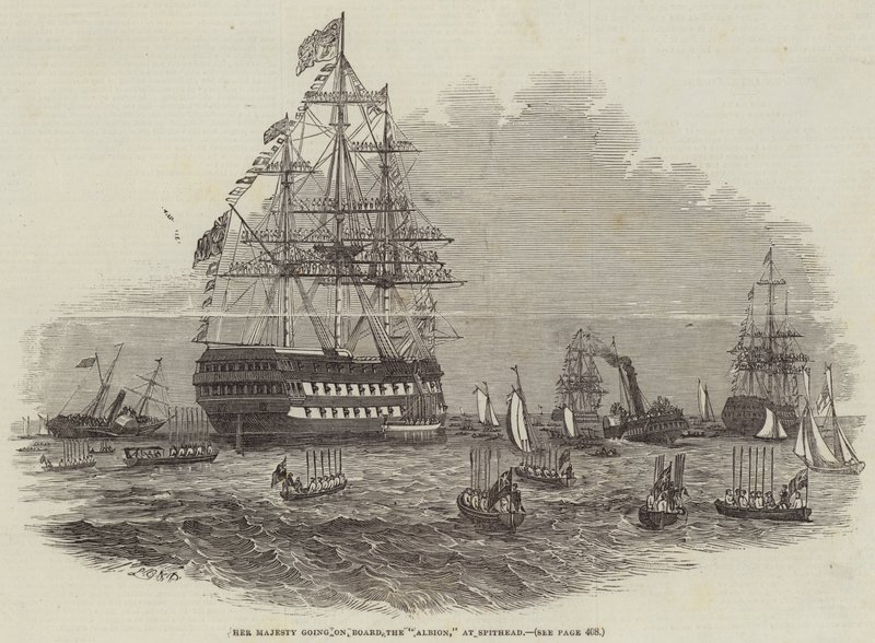 Jej Wysokość wchodzi na pokład „Albionu” w Spithead (grawerowanie) autorstwa English School