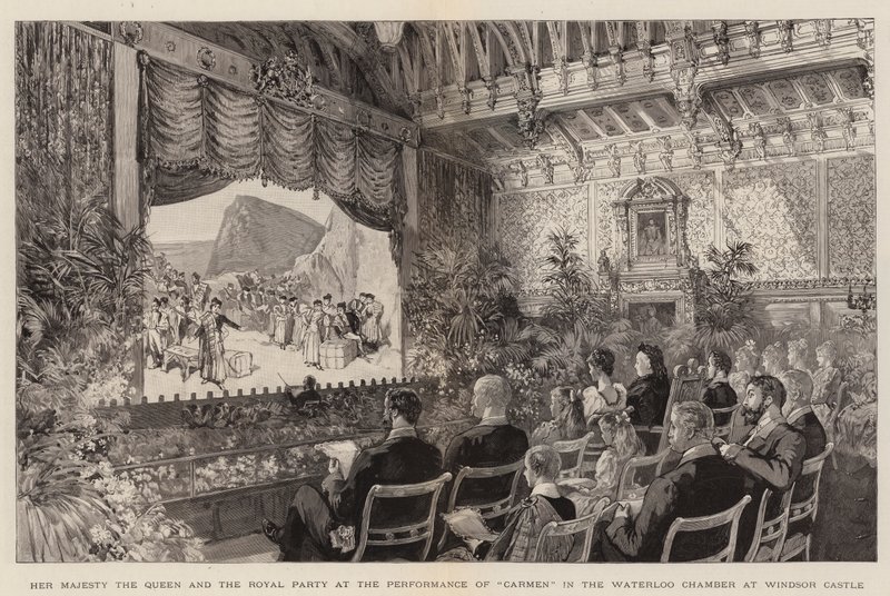 Jej Królewska Mość Królowa i Królewskie przyjęcie na przedstawieniu „Carmen” w komorze Waterloo w zamku Windsor (rycina) autorstwa English School
