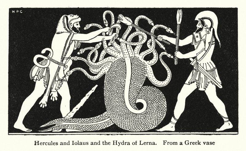Herkules i Iolaus i Hydra Lerny (litos) autorstwa English School