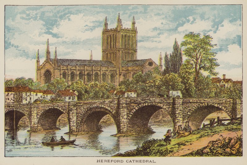 Katedra w Hereford (kolorowy grawerunek) autorstwa English School