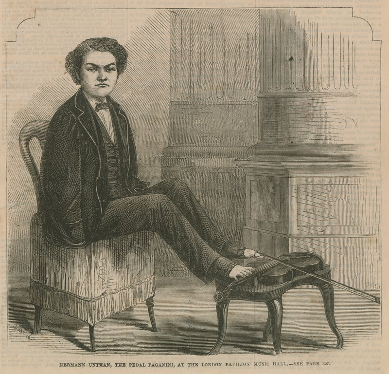 Hermann Untman, pedał Paganini, w London Pavilion Music Hall autorstwa English School