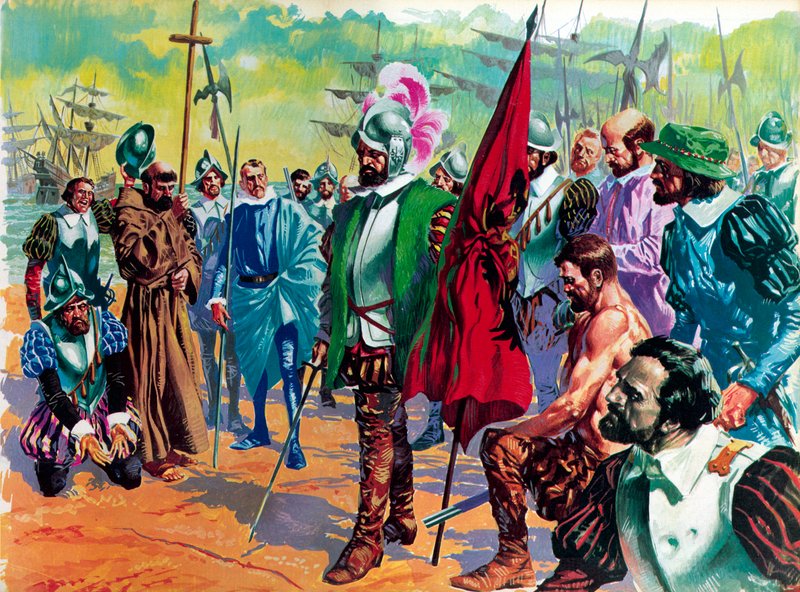 Hernando Cortes przybywający do Meksyku w 1519 autorstwa English School