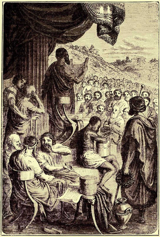 Herodotos czytający swoją historię na publicznym festiwalu, ilustracja z Ilustrowanej Historii Świata, wydanej ok. 1880 r. (obraz ulepszony cyfrowo) autorstwa English School